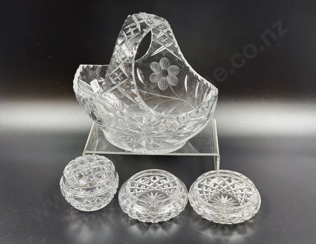 Crystal Basket & Two Crystal Powder Bowls Image 1++