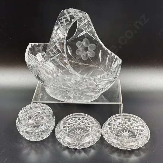Crystal Basket & Two Crystal Powder Bowls