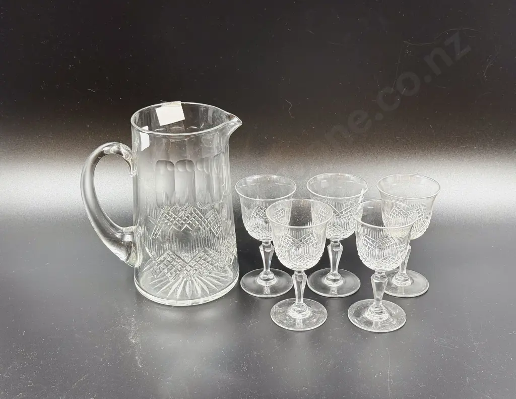 Vict Glass Jug & Five Matching Liqueur Glasses Image 1++