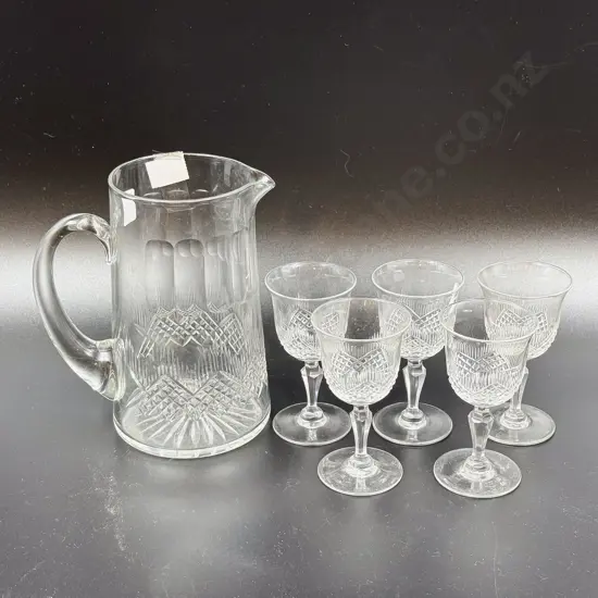 Vict Glass Jug & Five Matching Liqueur Glasses
