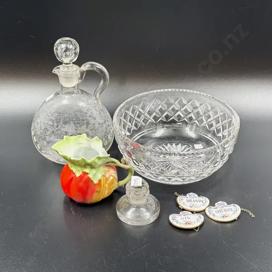 Small Vict Glass Inkwell with Decanter Labels in Crystal Bowl etc
