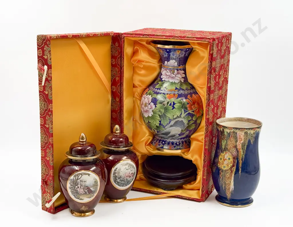 Cloisonne Vase in Presentation Box together with Pair of Small Lidded Urns & Other Image 1++