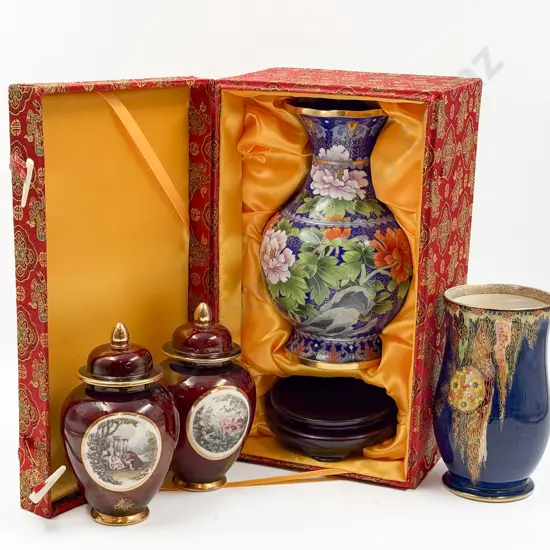 Cloisonne Vase in Presentation Box together with Pair of Small Lidded Urns & Other