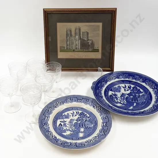 Small Qty of Assorted incl Small Historical Print Two Blue & White Plates & Glassware