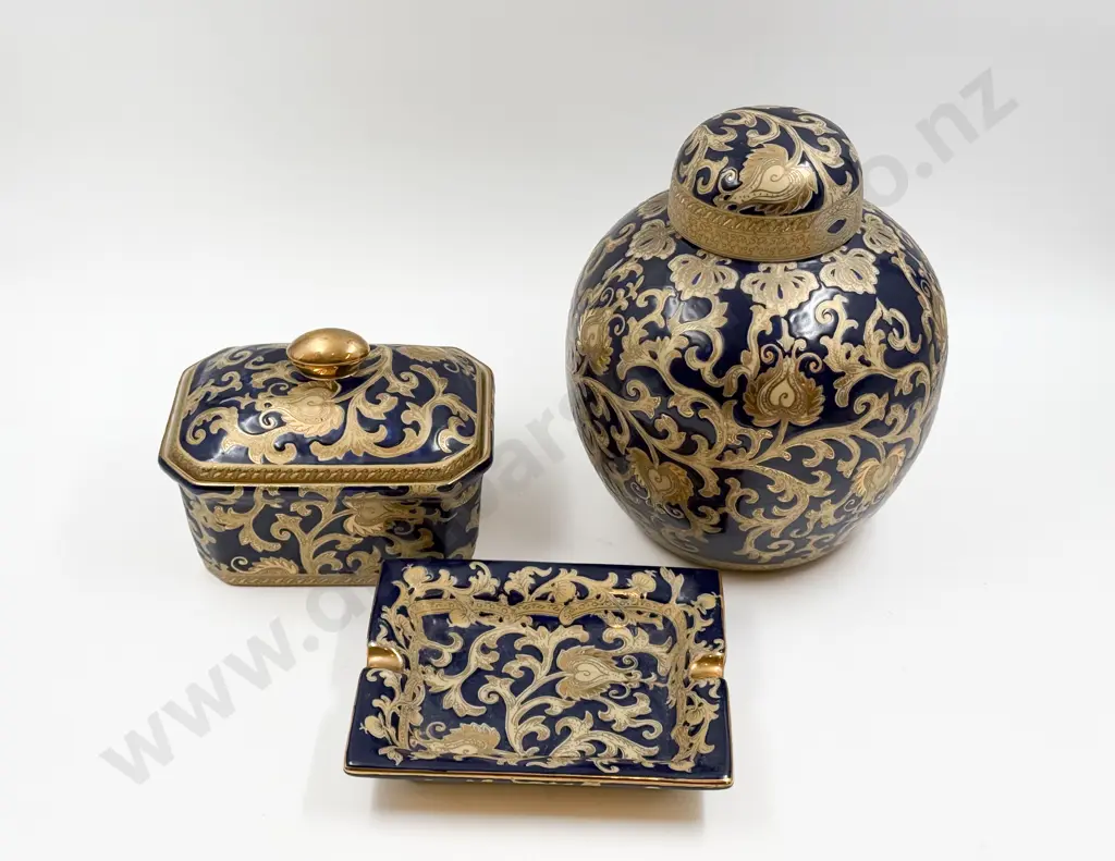 Large Decorative Ginger Jar with Two Other Pieces of Matching China Image 1++