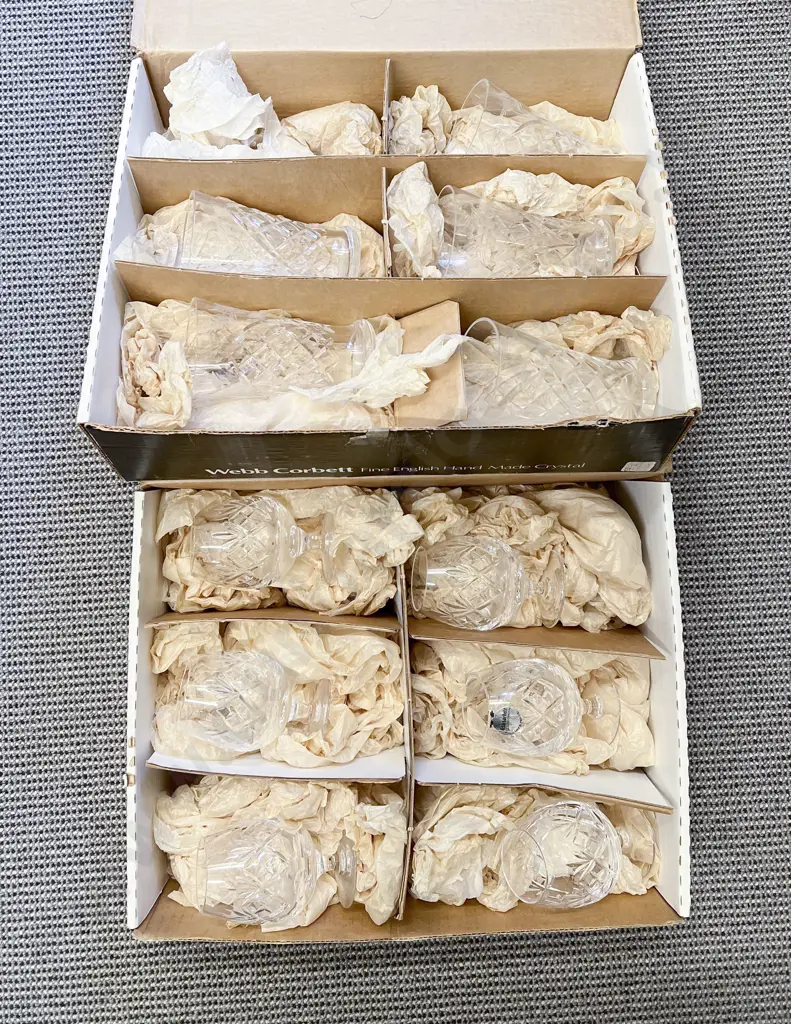 Two Boxed Sets of Webb Corbett Crystal Small Brandy Balloons & Vases Image 1++