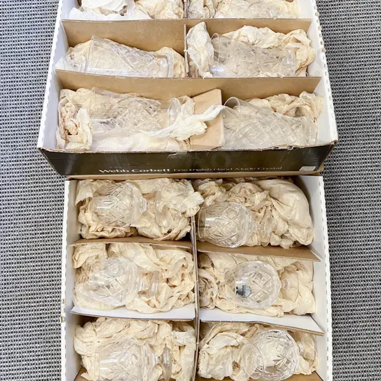 Two Boxed Sets of Webb Corbett Crystal Small Brandy Balloons & Vases