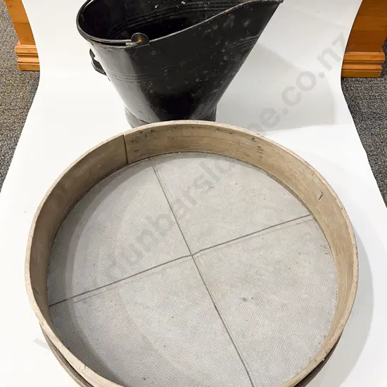 Vintage Soil Sifter together with Coal Bucket