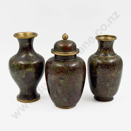 Cloisonne Ginger Jar & Two Matching Vases