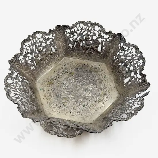 .800 Silver Pierced Ornate Hexagonal Footed Dish