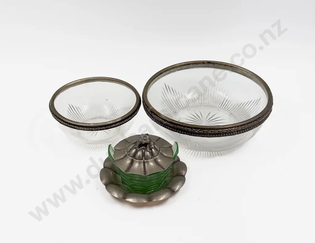 Graduated Set of Two Silver Rimmed Bowls together with Small Silver Dish & Silver Lidded Glass Dish Image 1++