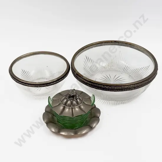 Graduated Set of Two Silver Rimmed Bowls together with Small Silver Dish & Silver Lidded Glass Dish