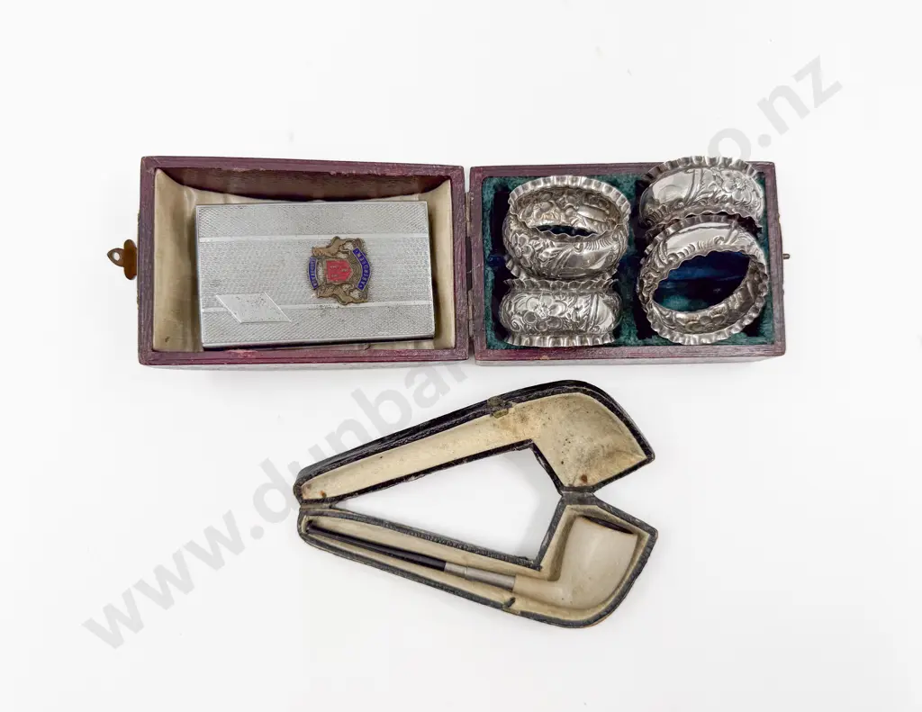 Cased Set of Four S/S Napkin Rings together with Vintage Pipe & Matchbox Holder Image 1++