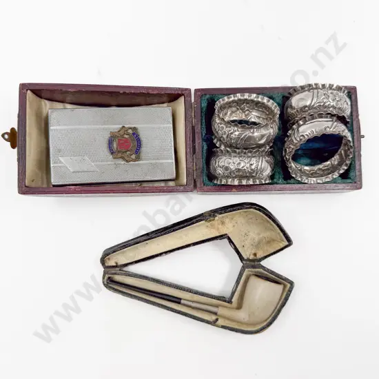 Cased Set of Four S/S Napkin Rings together with Vintage Pipe & Matchbox Holder