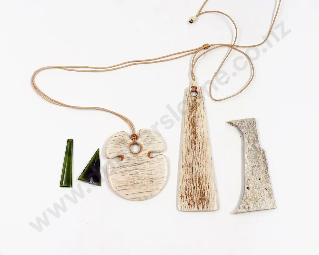 Two Bone Pendants together with Two Small Greenstone Pieces Image 1++