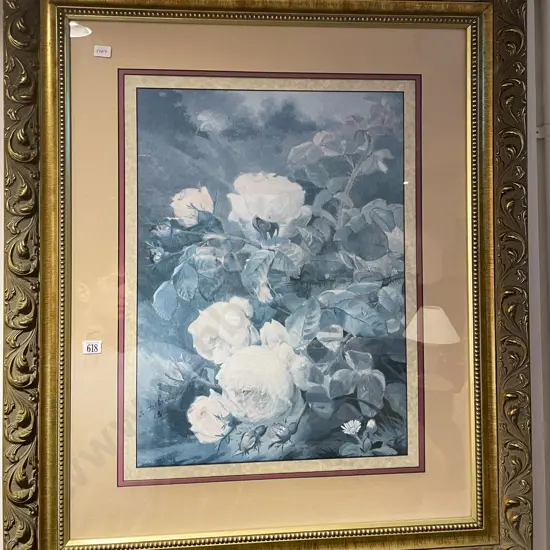 Floral Still Life Print in Ornate Gilt Frame