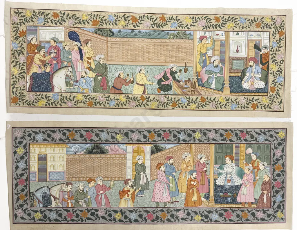 Three Late C20th Moghul School Paintings on Silk Image 1++