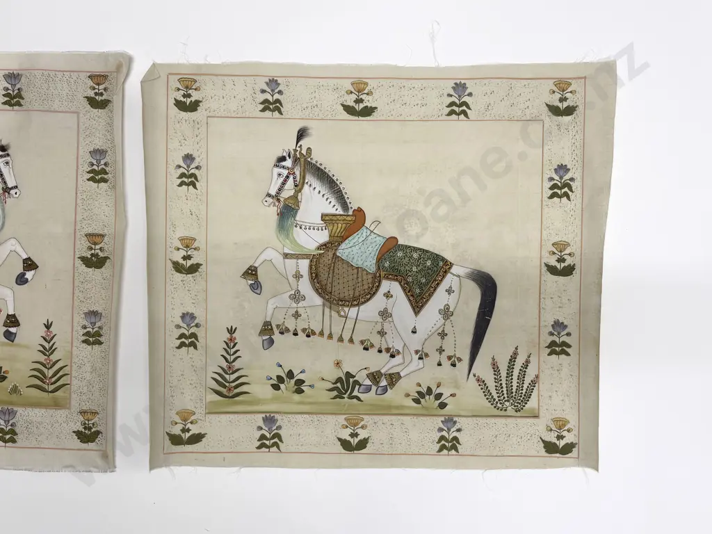 Pair Late C20th Moghul School Paintings on Silk Image 1++