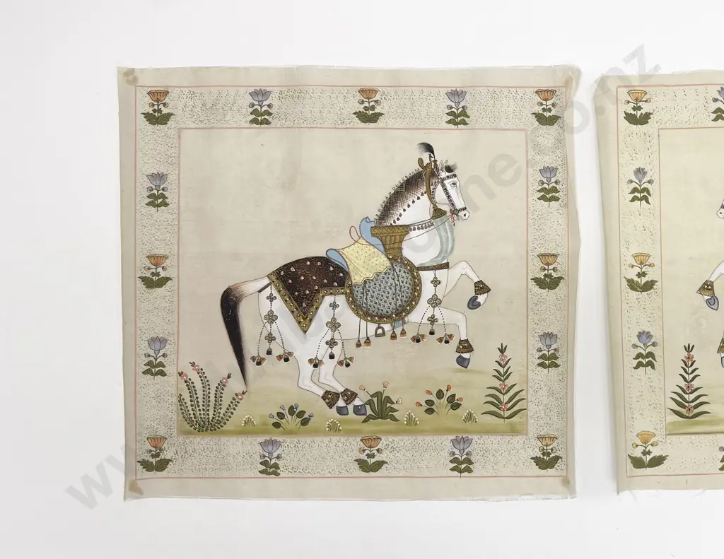 Pair Late C20th Moghul School Paintings on Silk Image 1++