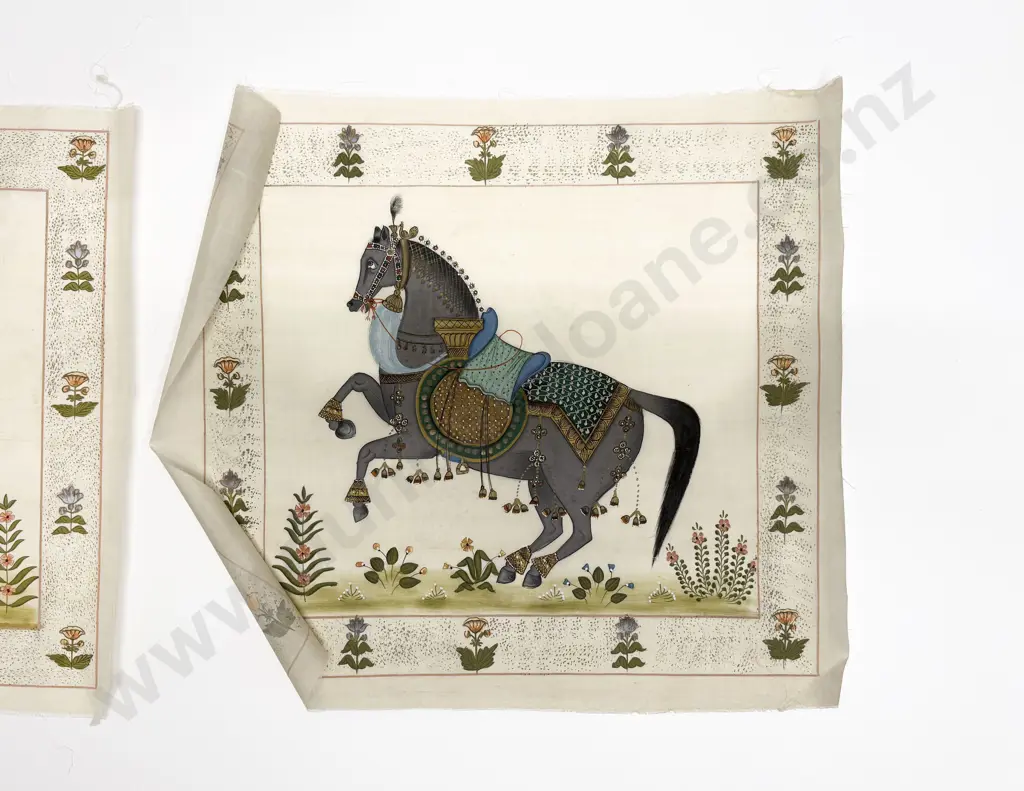 Pair Late C20th Moghul School Paintings on Silk Image 1++