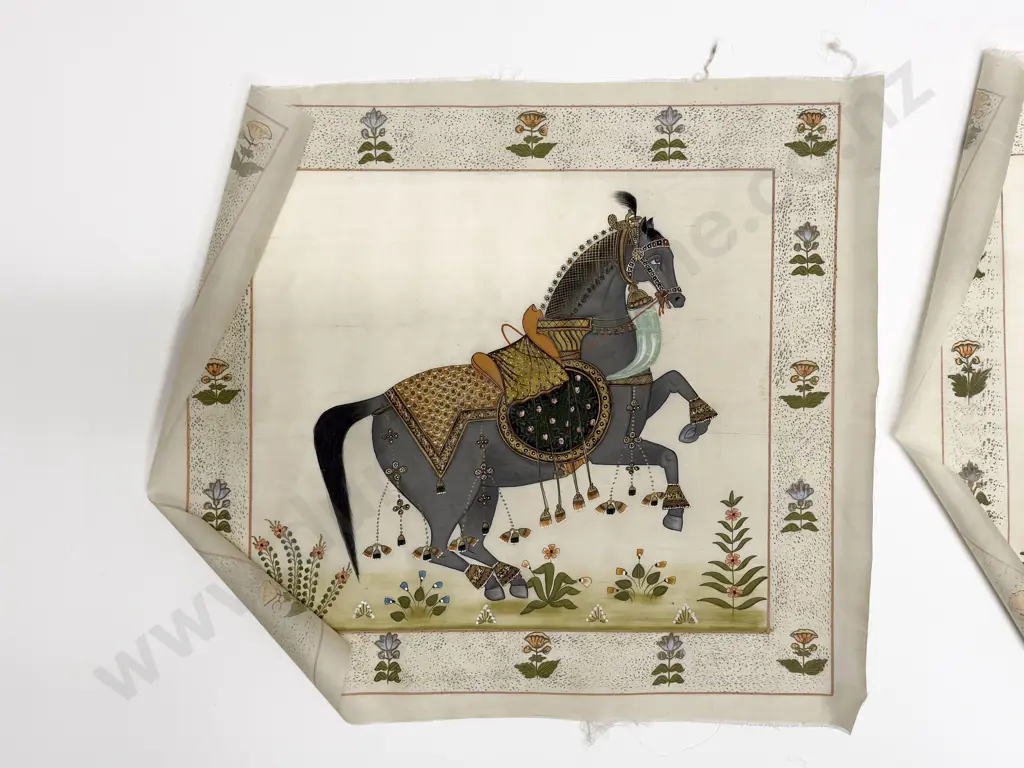 Pair Late C20th Moghul School Paintings on Silk Image 1++