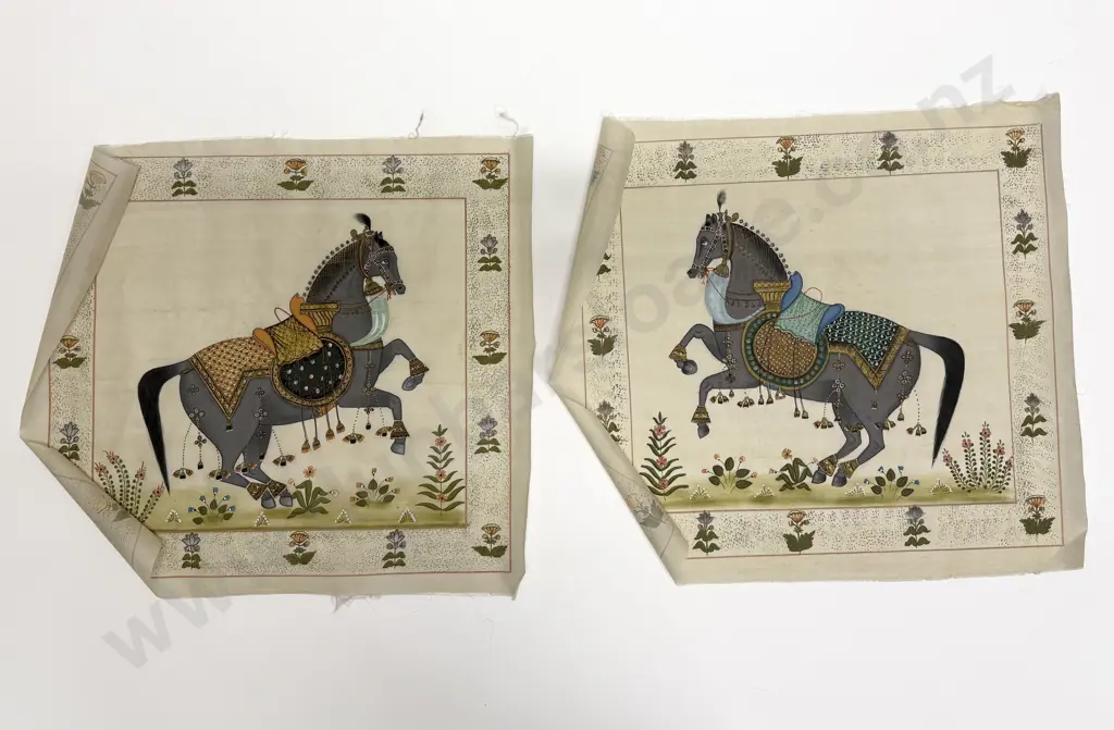 Pair Late C20th Moghul School Paintings on Silk Image 1++
