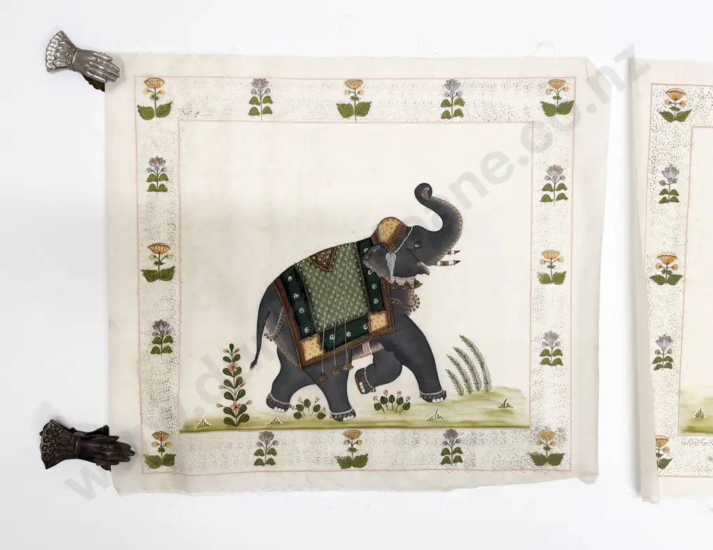 Pair Late C20th Moghul School Paintings on Silk Image 1++