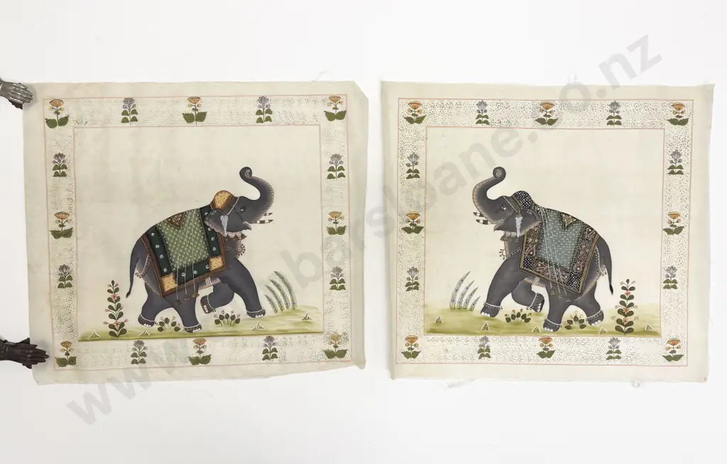 Pair Late C20th Moghul School Paintings on Silk Image 1++