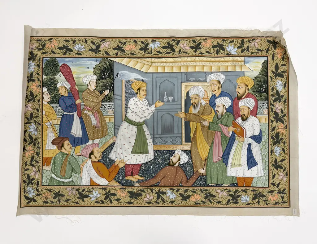 Pair Late C20th Moghul School Paintings on Silk Image 1++