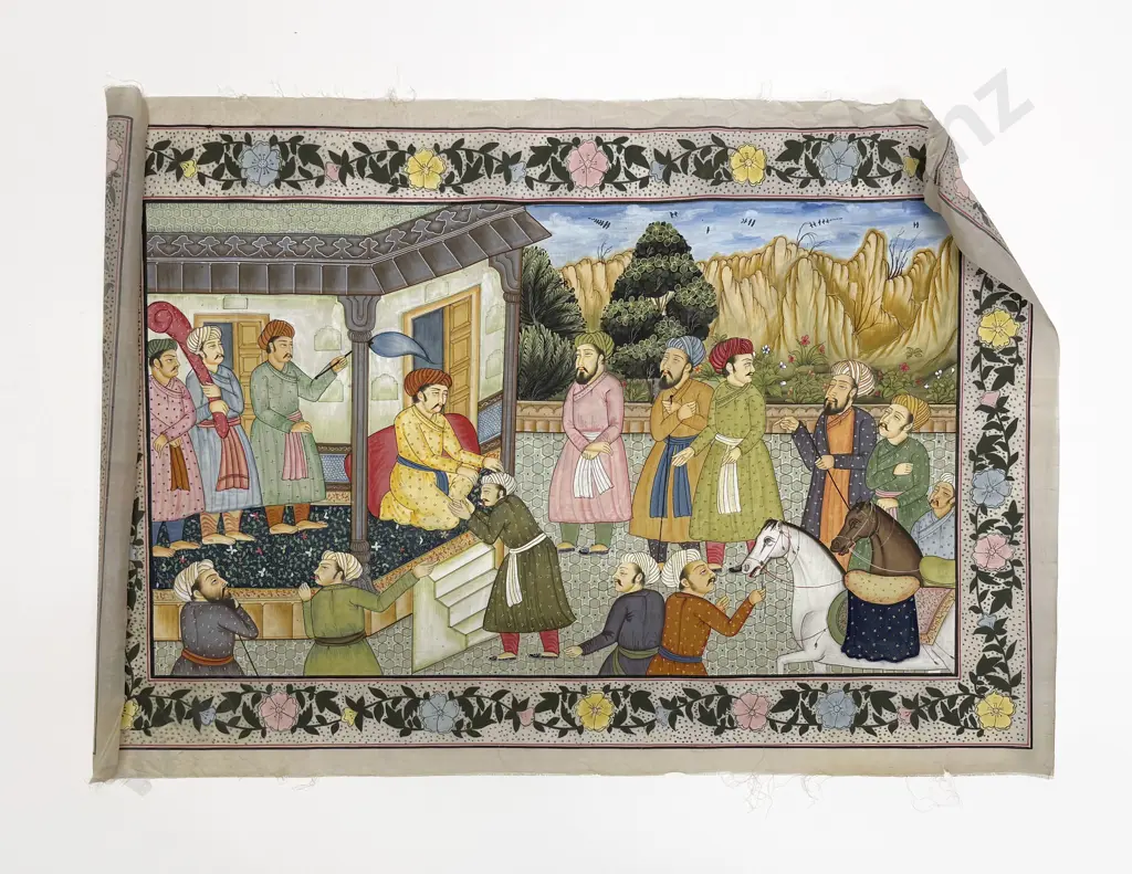 Pair Late C20th Moghul School Paintings on Silk Image 1++