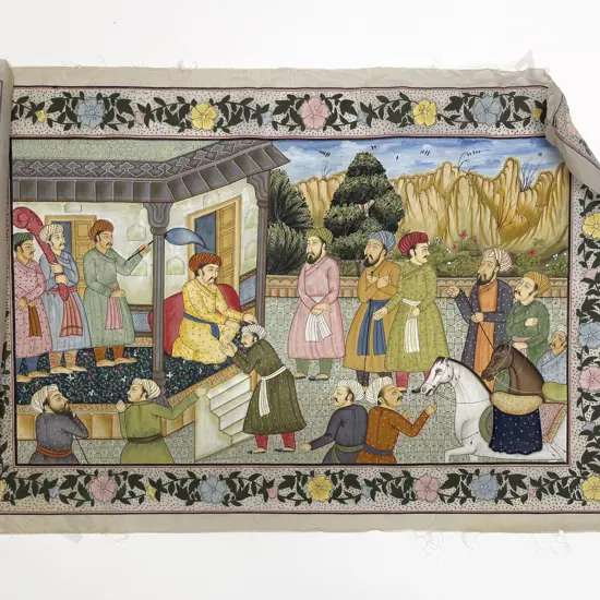 Pair Late C20th Moghul School Paintings on Silk