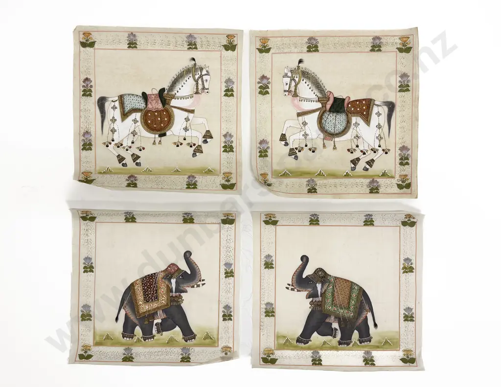 Four Late C20th Moghul School Paintings on Silk Image 1++