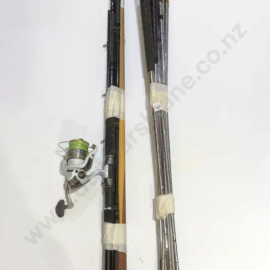 Qty of Assorted Golf Clubs & Pool Cues together with Fishing Rod