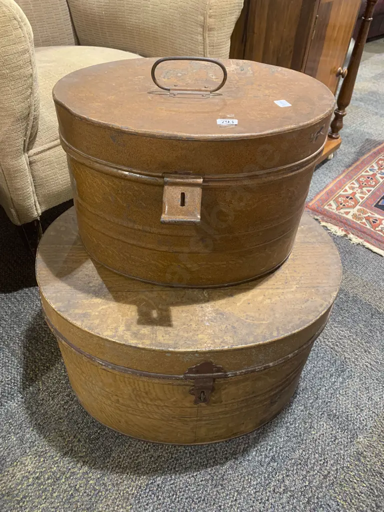 Two Vintage Tin Hat Boxes Image 1++