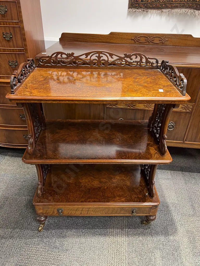 Vict Burr Walnut Whatnot with Single Drawer to Base Image 1++