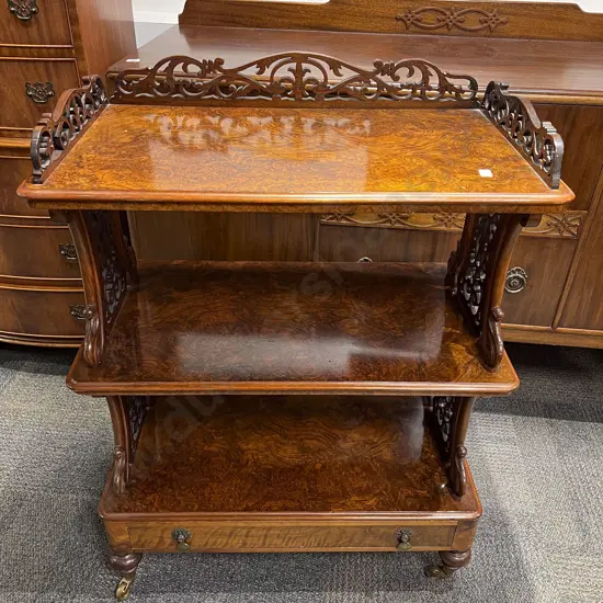 Vict Burr Walnut Whatnot with Single Drawer to Base