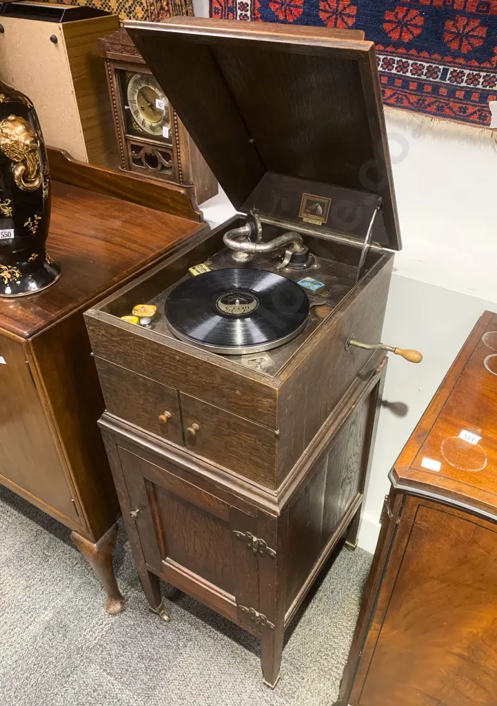 Oak Cased Floor Standing "His Master's Voice" Gramophone with Classical Records & Some Sheet Music Image 1++