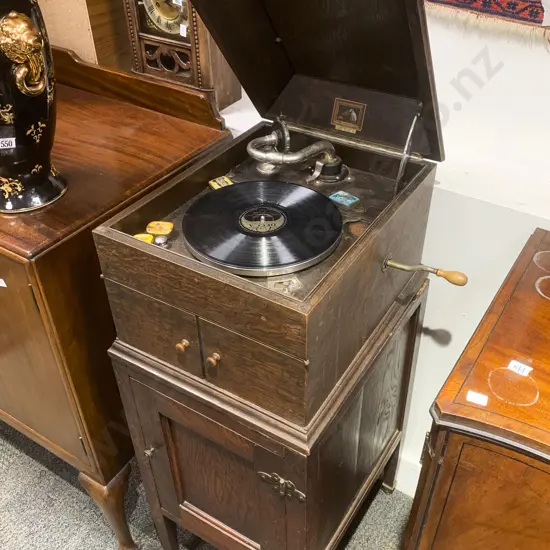 Oak Cased Floor Standing "His Master's Voice" Gramophone with Classical Records & Some Sheet Music
