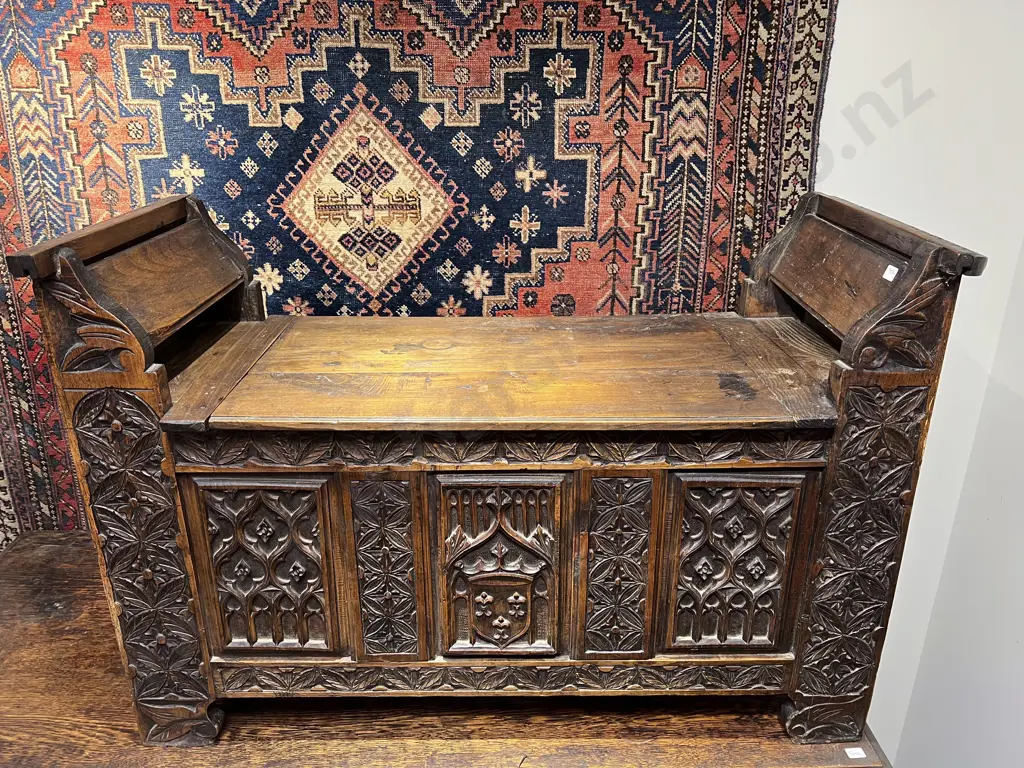 Vict Walnut Settle carved in Gothic Style Image 1++