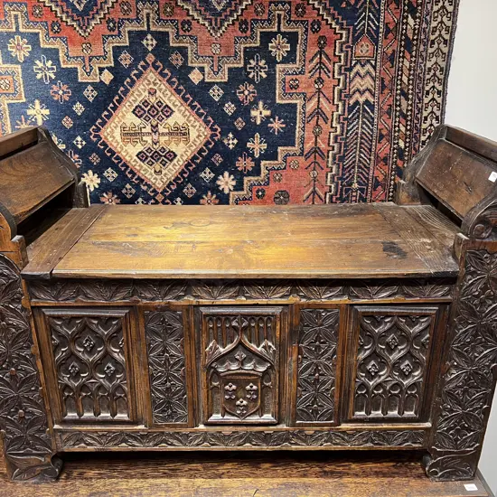 Vict Walnut Settle carved in Gothic Style