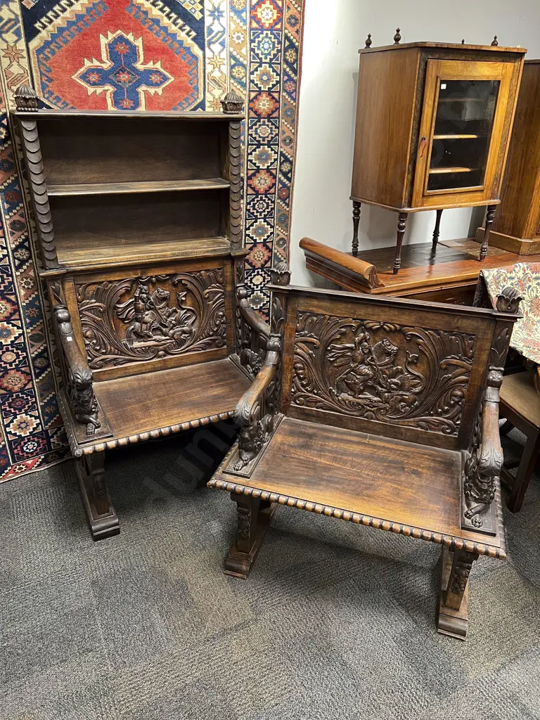 Pair of Late Vict Walnut Heavily Carved Hall Settles Image 1++