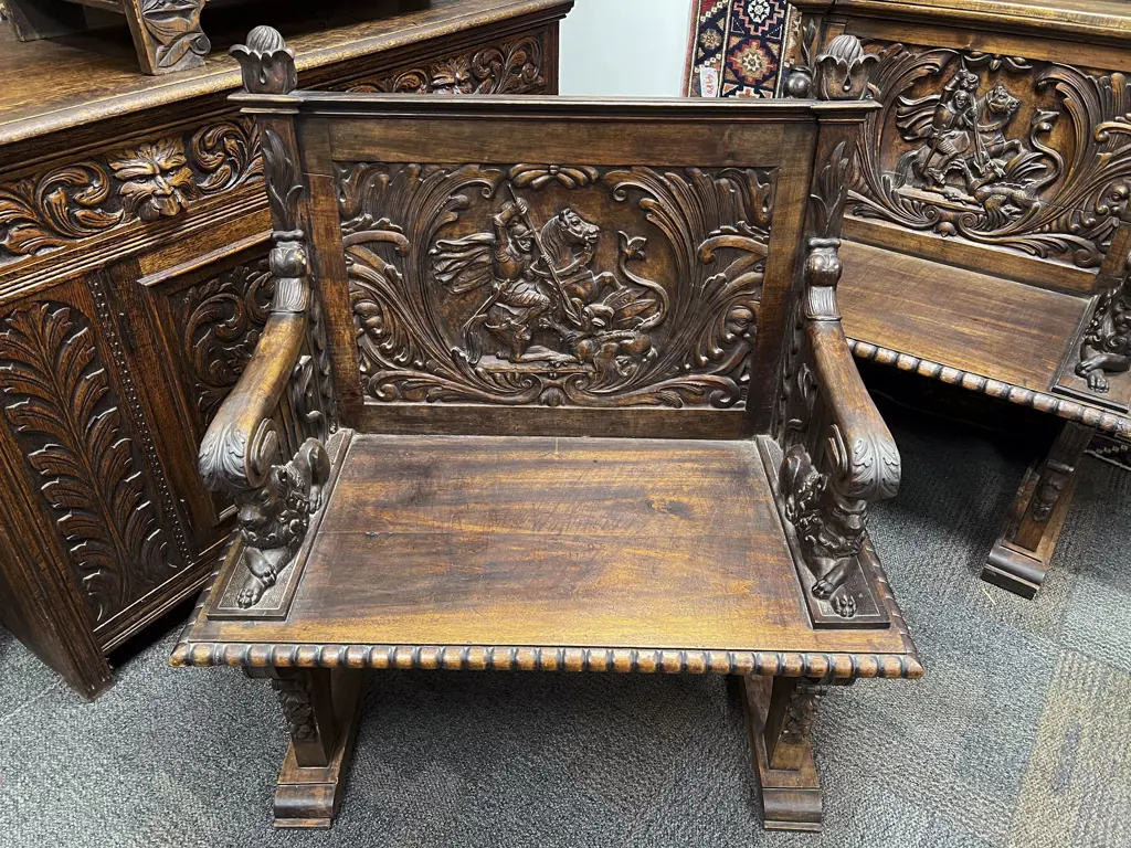 Pair of Late Vict Walnut Heavily Carved Hall Settles Image 1++