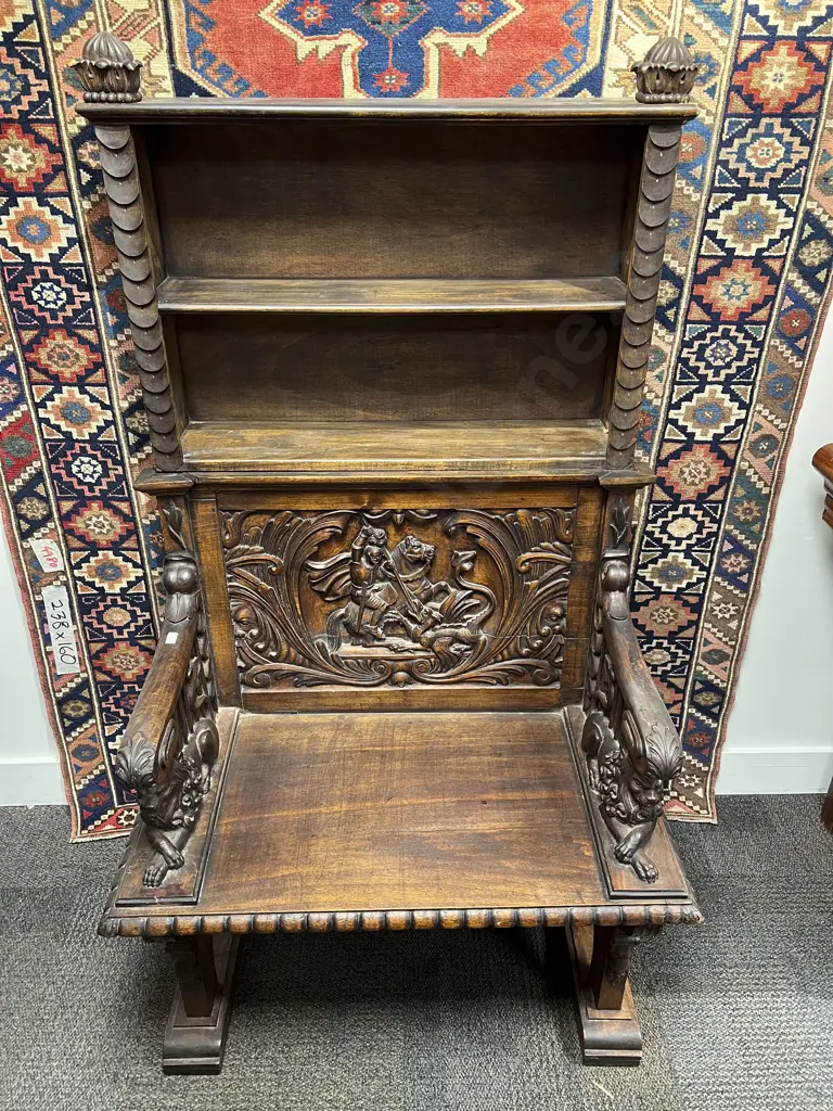 Pair of Late Vict Walnut Heavily Carved Hall Settles Image 1++