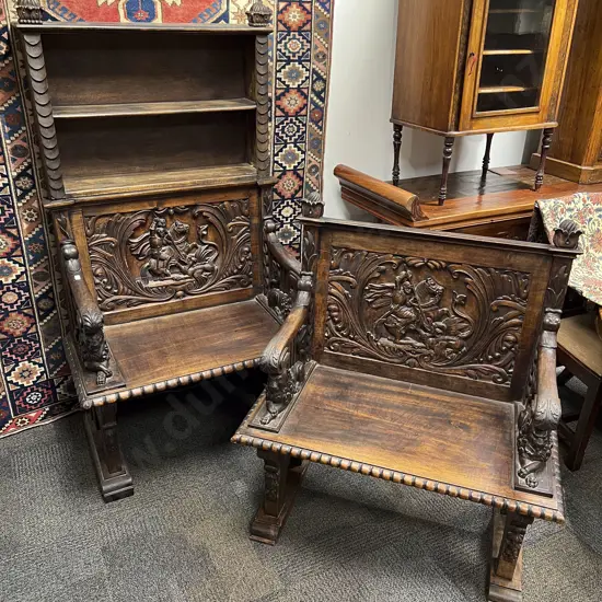 Pair of Late Vict Walnut Heavily Carved Hall Settles
