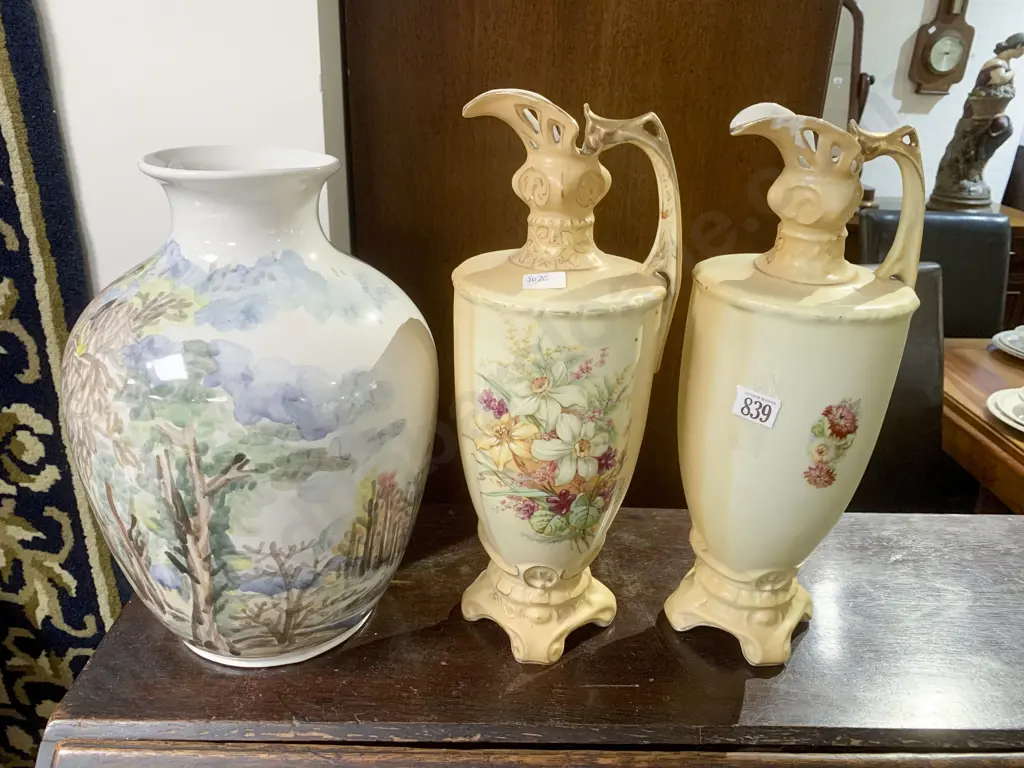 A Pair of Worcester Style Ewers & Stoneware Vase Image 1++
