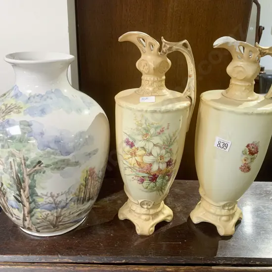 A Pair of Worcester Style Ewers & Stoneware Vase