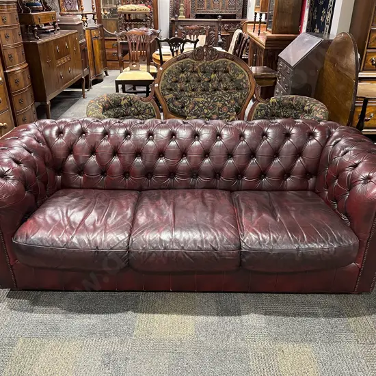 Burgundy Chesterfield Leather Rolled Arm Sofa