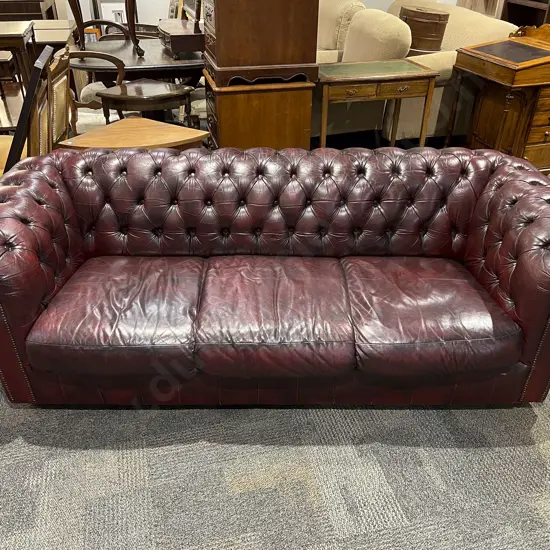 Burgundy Chesterfield Leather Rolled Arm Sofa