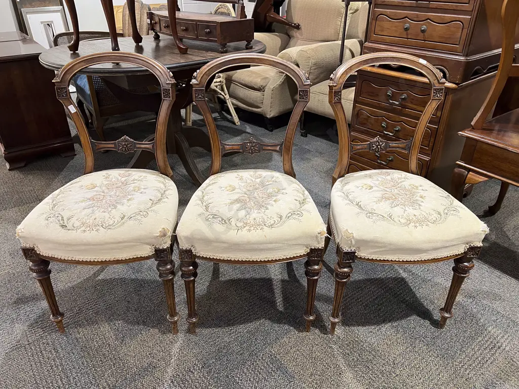 Three Walnut Balloon Back Dining Chairs Image 1++
