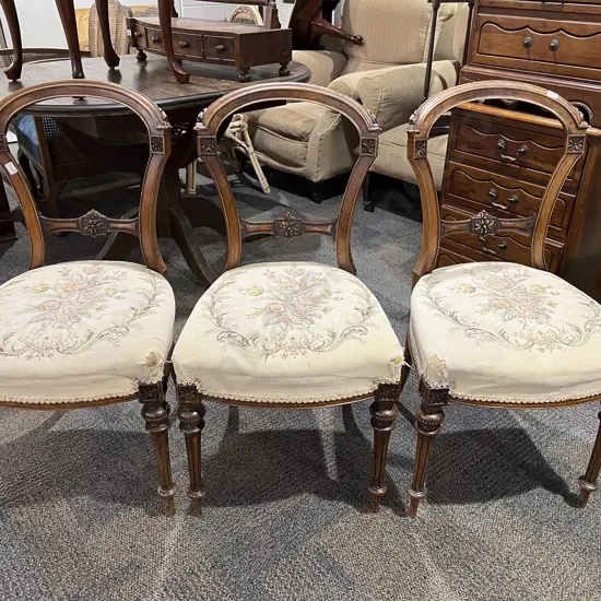 Three Walnut Balloon Back Dining Chairs